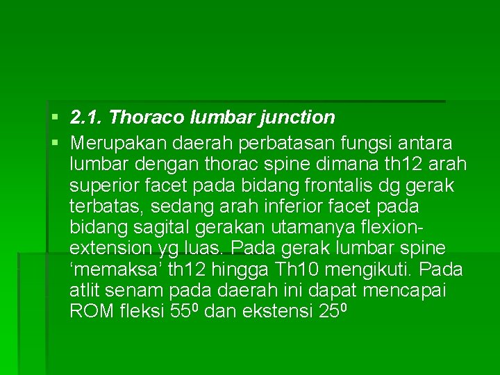 § 2. 1. Thoraco lumbar junction § Merupakan daerah perbatasan fungsi antara lumbar dengan