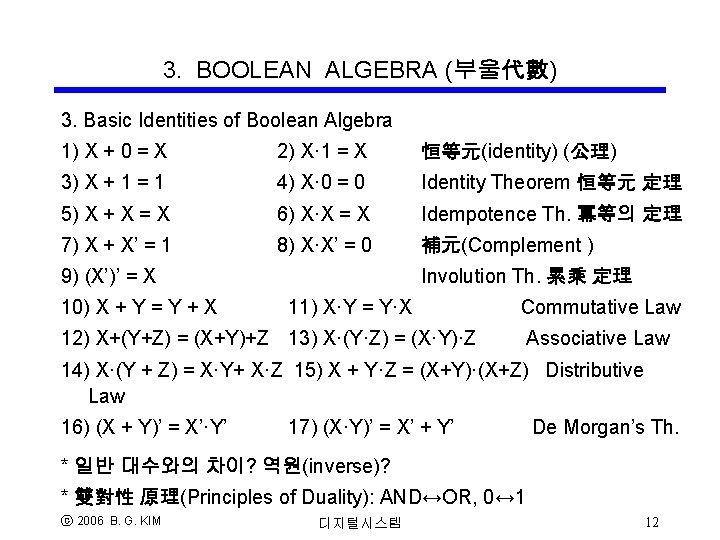 3. BOOLEAN ALGEBRA (부울代數) 3. Basic Identities of Boolean Algebra 1) X + 0