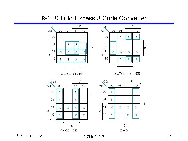 8 -1 BCD-to-Excess-3 Code Converter ⓒ 2006 B. G. KIM 디지털시스템 57 8 -1 BCD-to-Excess-3 Code Converter ⓒ 2006 B. G. KIM 디지털시스템 57