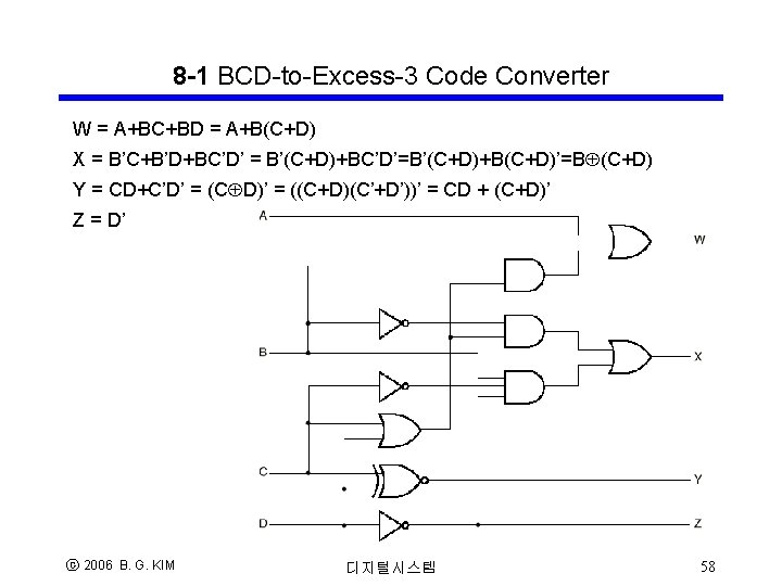 8 -1 BCD-to-Excess-3 Code Converter W = A+BC+BD = A+B(C+D) X = B’C+B’D+BC’D’ = 8 -1 BCD-to-Excess-3 Code Converter W = A+BC+BD = A+B(C+D) X = B’C+B’D+BC’D’ =