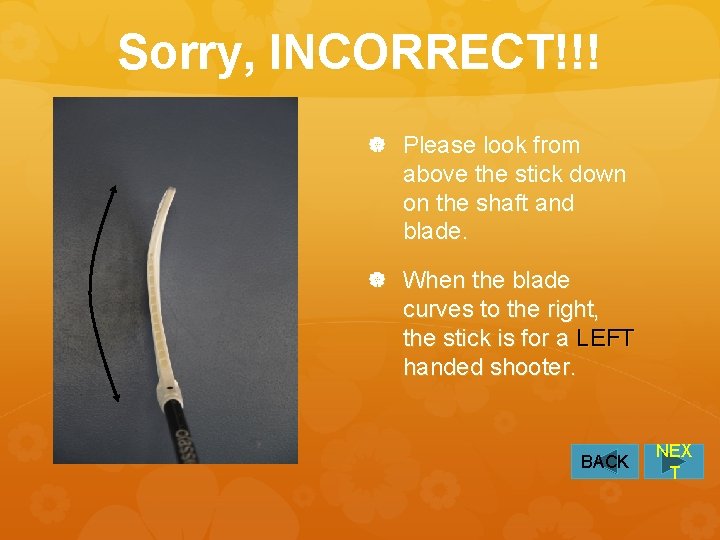 Sorry, INCORRECT!!! Please look from above the stick down on the shaft and blade.