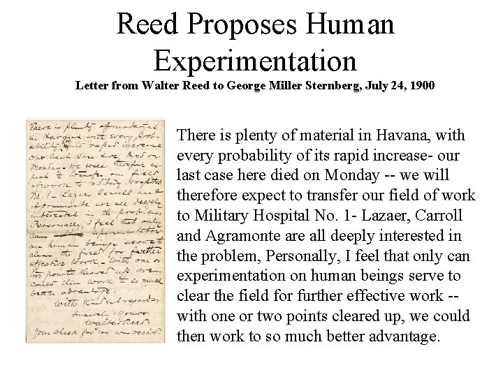 Reed Proposes Human Experimentation Letter from Walter Reed to George Miller Sternberg, July 24,