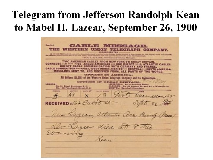Telegram from Jefferson Randolph Kean to Mabel H. Lazear, September 26, 1900 