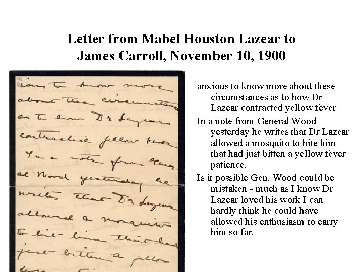 Letter from Mabel Houston Lazear to James Carroll, November 10, 1900 anxious to know