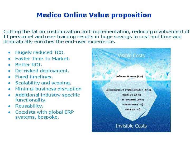 Medico Online Value proposition Cutting the fat on customization and implementation, reducing involvement of