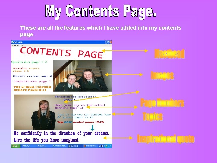 These are all the features which I have added into my contents page. 