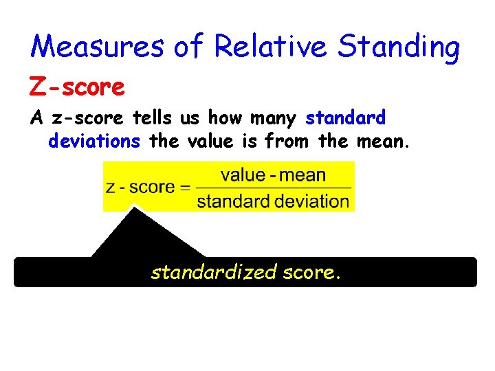 Measures of Relative Standing Z-score A z-score tells us how many standard deviations the