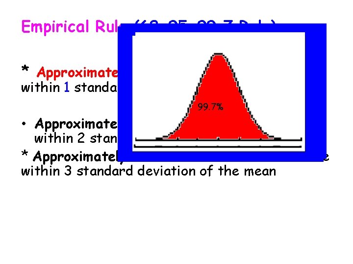 Empirical Rule (68 -95 -99. 7 Rule) * Approximately 68% of the observations are