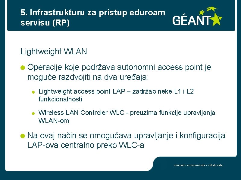 5. Infrastrukturu za pristup eduroam servisu (RP) Lightweight WLAN Operacije koje podržava autonomni access