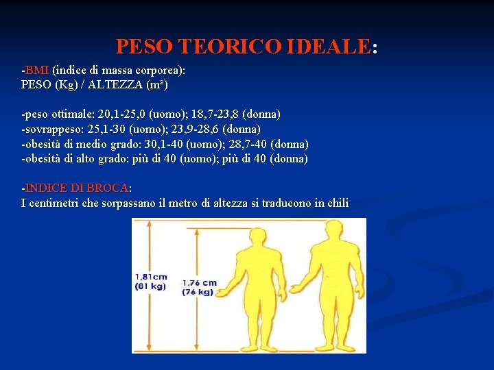 PESO TEORICO IDEALE: -BMI (indice di massa corporea): PESO (Kg) / ALTEZZA (m²) -peso