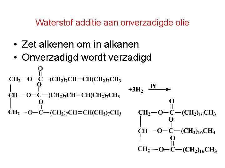 Waterstof additie aan onverzadigde olie • Zet alkenen om in alkanen • Onverzadigd wordt