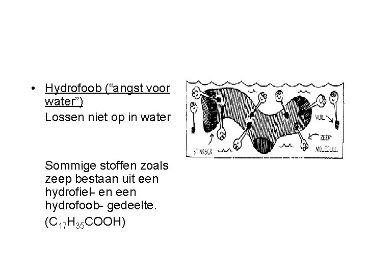  • Hydrofoob (“angst voor water”) Lossen niet op in water Sommige stoffen zoals