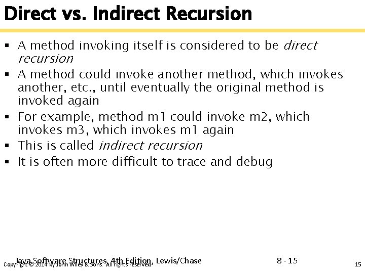 Direct vs. Indirect Recursion § A method invoking itself is considered to be direct