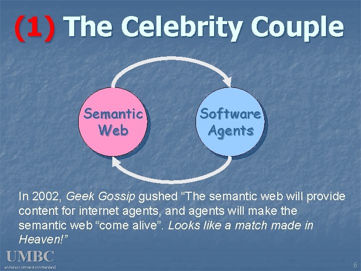 (1) The Celebrity Couple Semantic Web Software Agents In 2002, Geek Gossip gushed “The