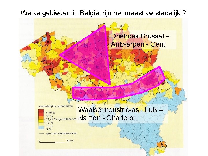 Welke gebieden in België zijn het meest verstedelijkt? Driehoek Brussel – Antwerpen - Gent