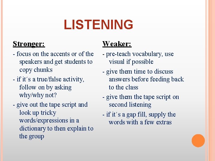 LISTENING Stronger: Weaker: - focus on the accents or of the speakers and get