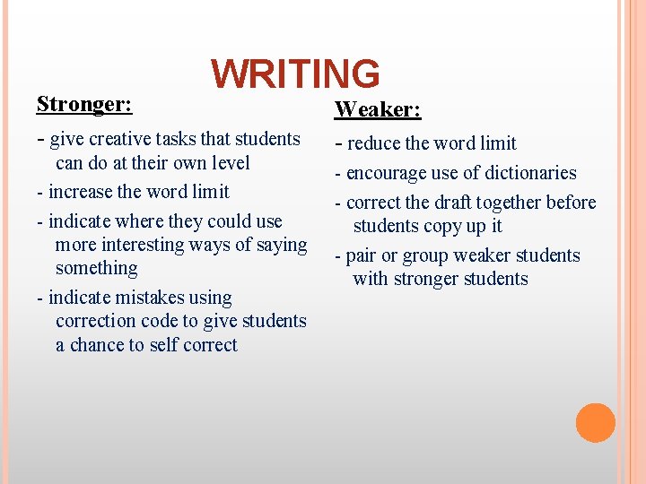 WRITING Stronger: - give creative tasks that students can do at their own level