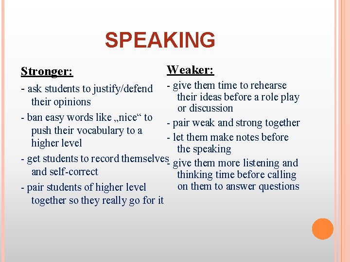 SPEAKING Stronger: Weaker: - give them time to rehearse their ideas before a role