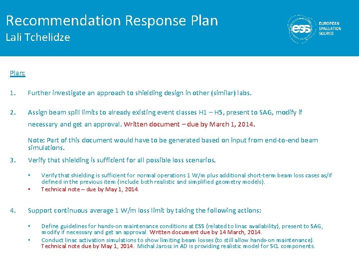 Recommendation Response Plan Lali Tchelidze Plan: 1. Further investigate an approach to shielding design