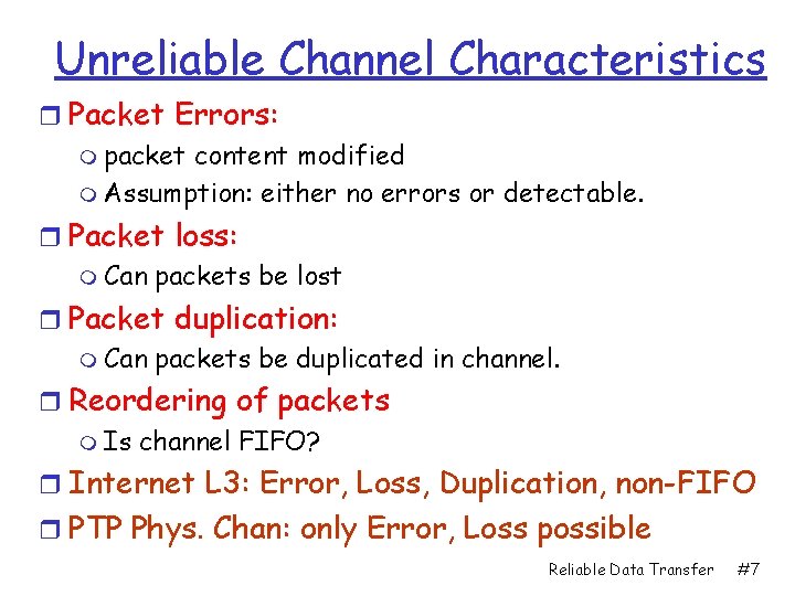 Unreliable Channel Characteristics r Packet Errors: m packet content modified m Assumption: either no