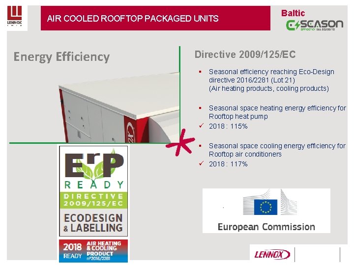 AIR COOLED ROOFTOP PACKAGED UNITS Energy Efficiency Baltic Directive 2009/125/EC § Seasonal efficiency reaching AIR COOLED ROOFTOP PACKAGED UNITS Energy Efficiency Baltic Directive 2009/125/EC § Seasonal efficiency reaching