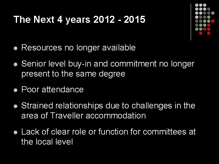 The Next 4 years 2012 - 2015 l Resources no longer available l Senior