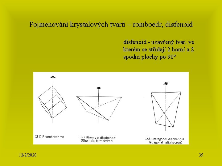 Pojmenování krystalových tvarů – romboedr, disfenoid - uzavřený tvar, ve disfenoid kterém se střídají