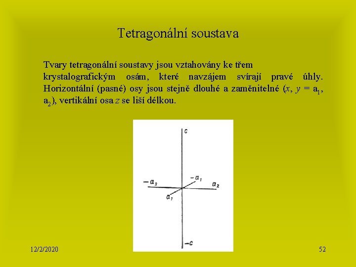 Tetragonální soustava Tvary tetragonální soustavy jsou vztahovány ke třem krystalografickým osám, které navzájem svírají