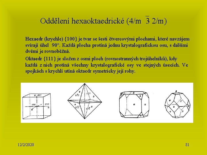 Oddělení hexaoktaedrické (4/m 3 2/m) Hexaedr (krychle) {100} je tvar se šesti čtvercovými plochami,