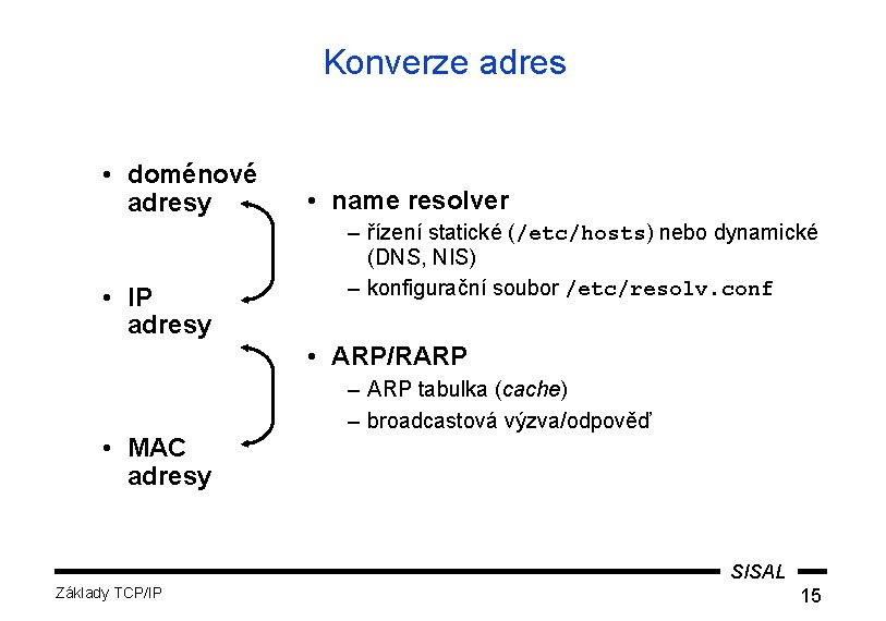 Konverze adres • doménové adresy • IP adresy • name resolver – řízení statické