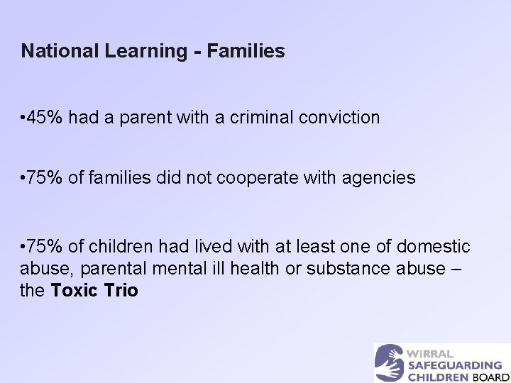 National Learning - Families • 45% had a parent with a criminal conviction •