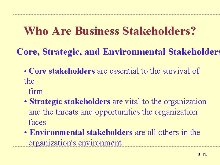 Who Are Business Stakeholders? Core, Strategic, and Environmental Stakeholders • Core stakeholders are essential