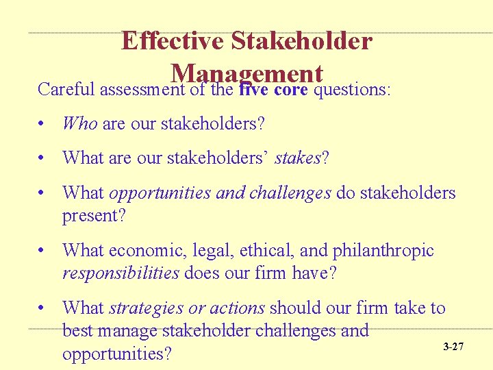 Effective Stakeholder Management Careful assessment of the five core questions: • Who are our