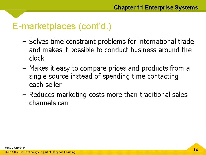 Chapter 11 Enterprise Systems E-marketplaces (cont’d. ) – Solves time constraint problems for international