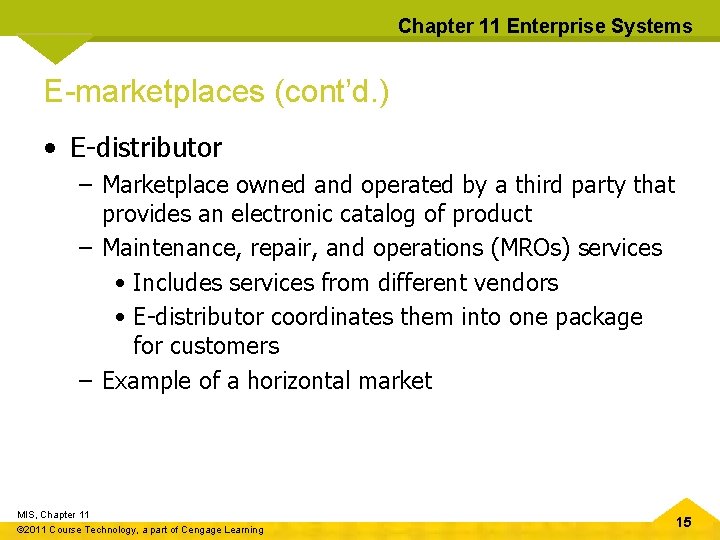 Chapter 11 Enterprise Systems E-marketplaces (cont’d. ) • E-distributor – Marketplace owned and operated