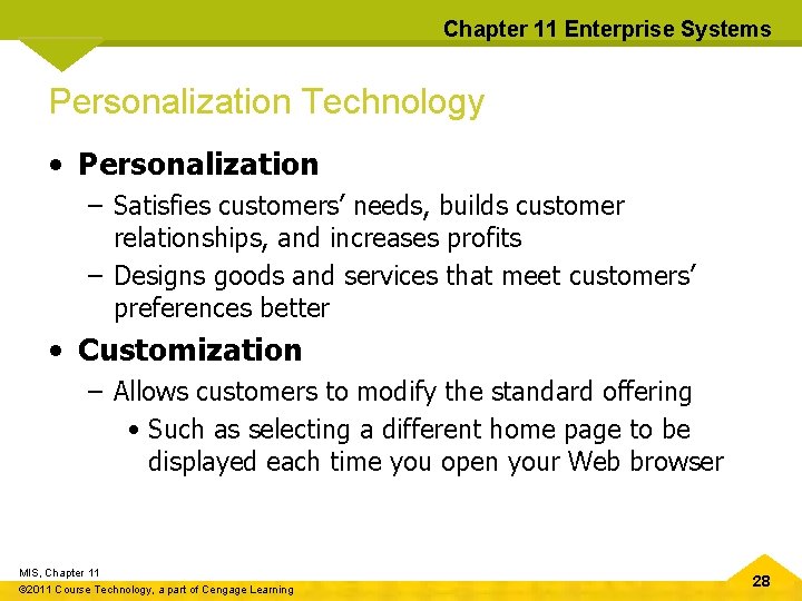 Chapter 11 Enterprise Systems Personalization Technology • Personalization – Satisfies customers’ needs, builds customer