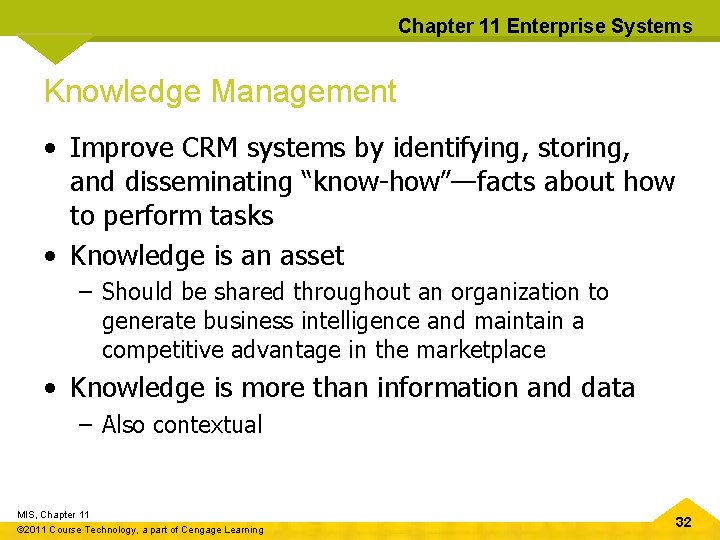 Chapter 11 Enterprise Systems Knowledge Management • Improve CRM systems by identifying, storing, and