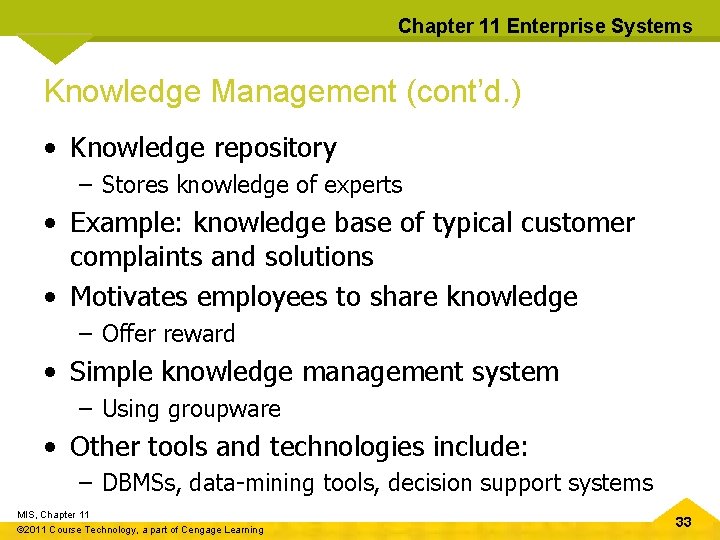 Chapter 11 Enterprise Systems Knowledge Management (cont’d. ) • Knowledge repository – Stores knowledge