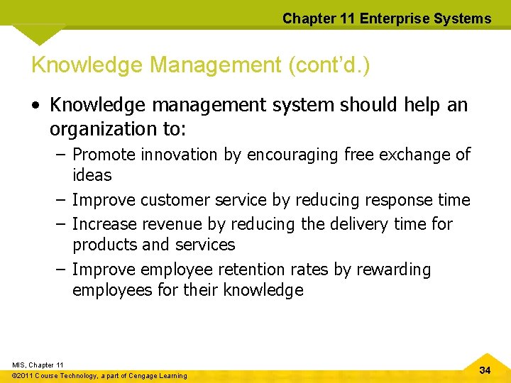 Chapter 11 Enterprise Systems Knowledge Management (cont’d. ) • Knowledge management system should help