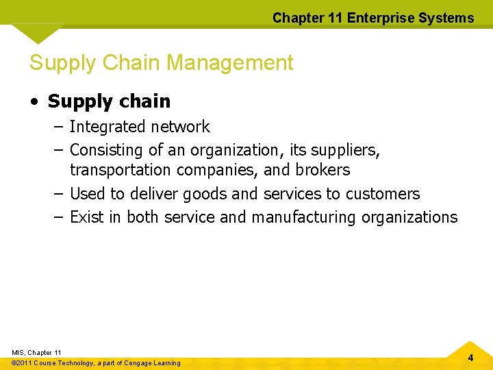Chapter 11 Enterprise Systems Supply Chain Management • Supply chain – Integrated network –