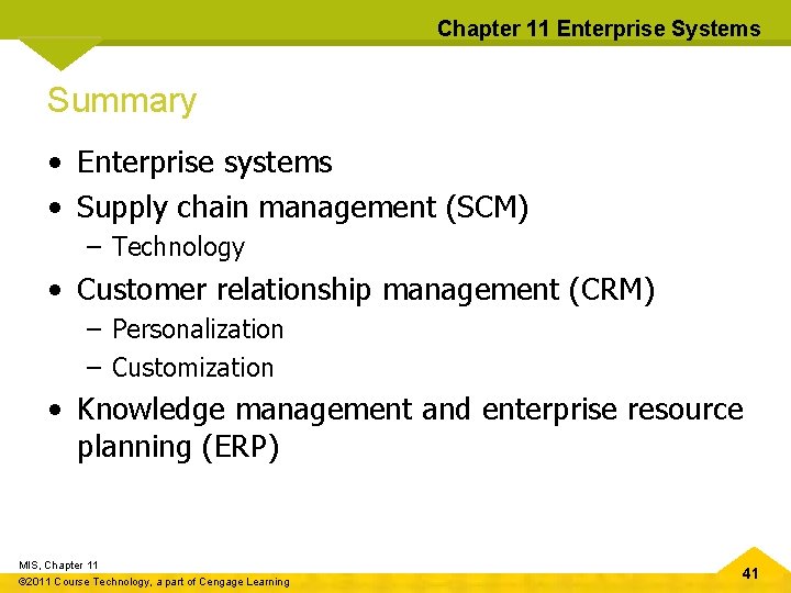Chapter 11 Enterprise Systems Summary • Enterprise systems • Supply chain management (SCM) –