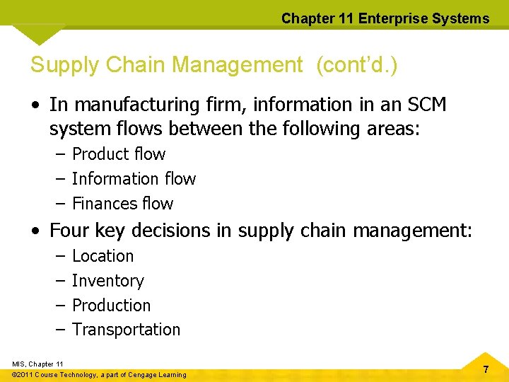 Chapter 11 Enterprise Systems Supply Chain Management (cont’d. ) • In manufacturing firm, information