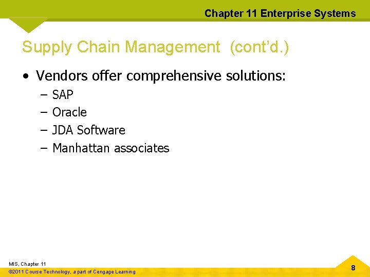 Chapter 11 Enterprise Systems Supply Chain Management (cont’d. ) • Vendors offer comprehensive solutions: