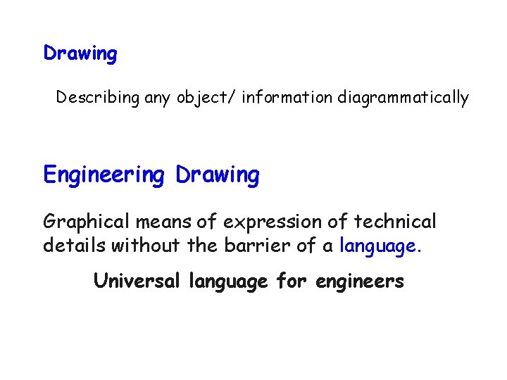 Drawing Describing any object/ information diagrammatically Engineering Drawing Graphical means of expression of technical