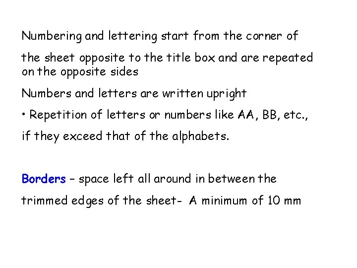 Numbering and lettering start from the corner of the sheet opposite to the title