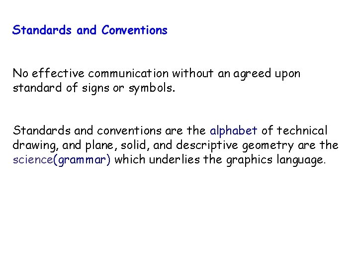 Standards and Conventions No effective communication without an agreed upon standard of signs or