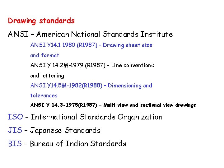 Drawing standards ANSI – American National Standards Institute ANSI Y 14. 1 1980 (R