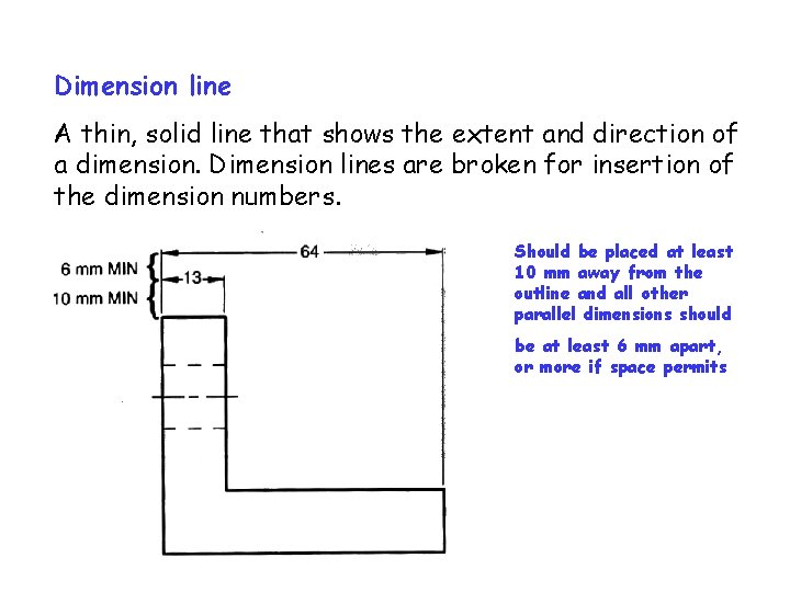 Dimension line A thin, solid line that shows the extent and direction of a