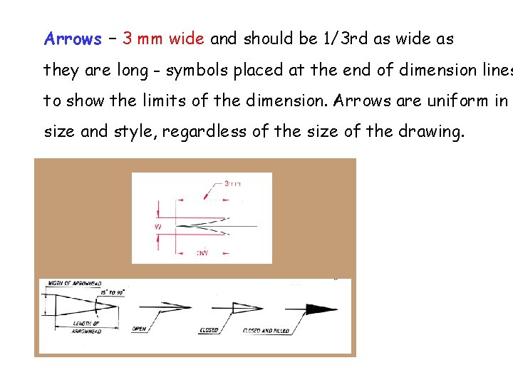 Arrows – 3 mm wide and should be 1/3 rd as wide as they