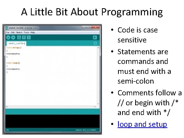 A Little Bit About Programming • Code is case sensitive • Statements are commands A Little Bit About Programming • Code is case sensitive • Statements are commands